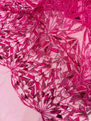 Fuchsia Beaded Fabric By The Yard, Luxury Geometric Design Beads and Sequins