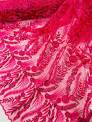 Fuchsia Floral Design Beads & Sequins, Lace Beaded Floral & Leaf Embroidered Lace