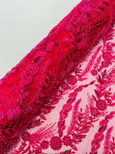 Fuchsia Floral Design Beads & Sequins, Lace Beaded Floral & Leaf Embroidered Lace