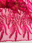 Fuchsia Floral Design Beads & Sequins, Lace Beaded Floral & Leaf Embroidered Lace
