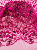 Fuchsia Beaded Fabric By The Yard, Luxury Geometric Design Beads and Sequins