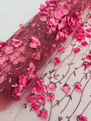 3D Floral Glitter Fabric - Dusty Rose - 3D Sequins and Glitter Floral Design on Mesh Sold By Yard
