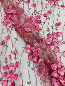 3D Floral Glitter Fabric - Dusty Rose - 3D Sequins and Glitter Floral Design on Mesh Sold By Yard