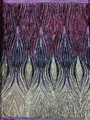 Three Tone Feather Fabric - Gold / Black / Burgundy - 4 Way Stretch Embroidered Sequins By Yard