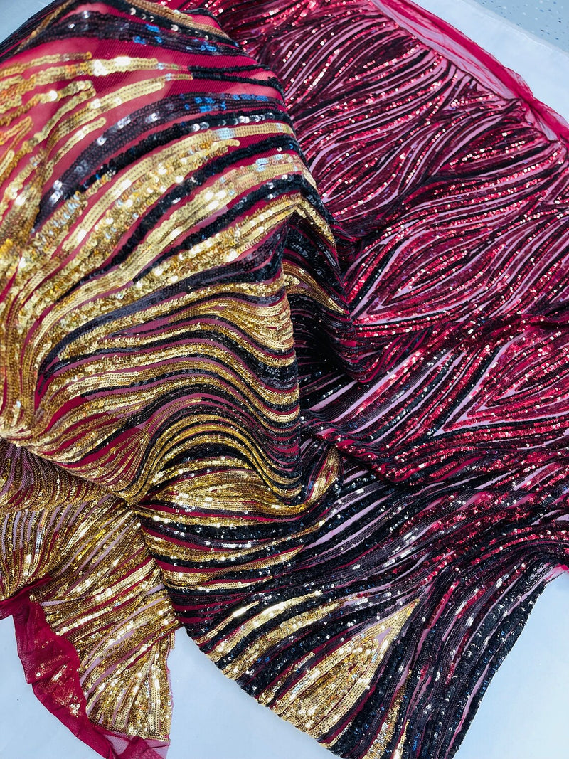 Three Tone Feather Fabric - Gold / Black / Burgundy - 4 Way Stretch Embroidered Sequins By Yard