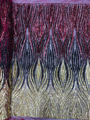 Three Tone Feather Fabric - Gold / Black / Burgundy - 4 Way Stretch Embroidered Sequins By Yard
