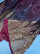 Three Tone Feather Fabric - Gold / Black / Burgundy - 4 Way Stretch Embroidered Sequins By Yard