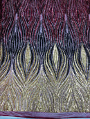 Three Tone Feather Fabric - Gold / Black / Burgundy - 4 Way Stretch Embroidered Sequins By Yard