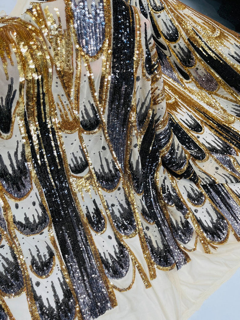 Olivia Sequins Design - Gold / Black / Grey - 4 Way Stretch Multi Color Sequin Fabric on Mesh Sold By The Yard