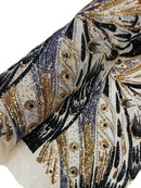 Olivia Sequins Design - Gold / Black / Grey - 4 Way Stretch Multi Color Sequin Fabric on Mesh Sold By The Yard