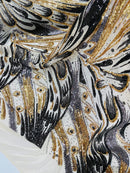 Olivia Sequins Design - Gold / Black / Grey - 4 Way Stretch Multi Color Sequin Fabric on Mesh Sold By The Yard