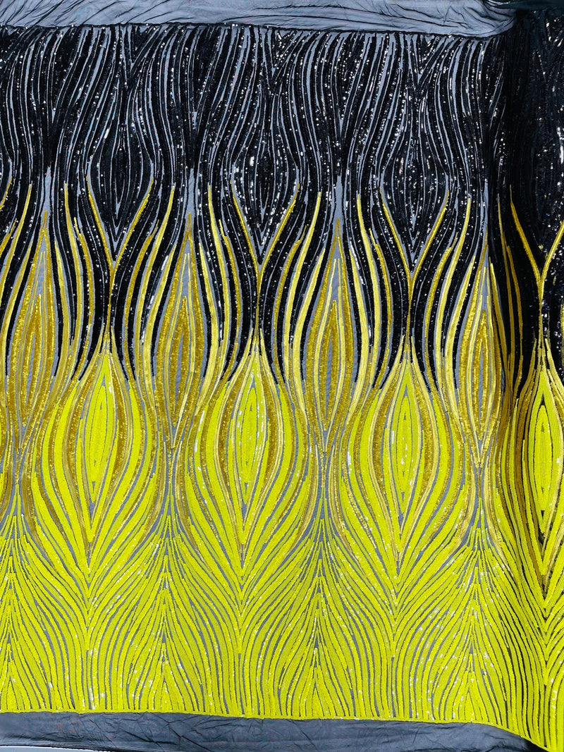Three Tone Feather Fabric - Gold / Black / Yellow - 4 Way Stretch Embroidered Sequins By Yard