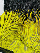 Three Tone Feather Fabric - Gold / Black / Yellow - 4 Way Stretch Embroidered Sequins By Yard