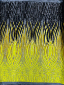 Three Tone Feather Fabric - Gold / Black / Yellow - 4 Way Stretch Embroidered Sequins By Yard