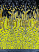 Three Tone Feather Fabric - Gold / Black / Yellow - 4 Way Stretch Embroidered Sequins By Yard
