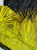 Three Tone Feather Fabric - Gold / Black / Yellow - 4 Way Stretch Embroidered Sequins By Yard