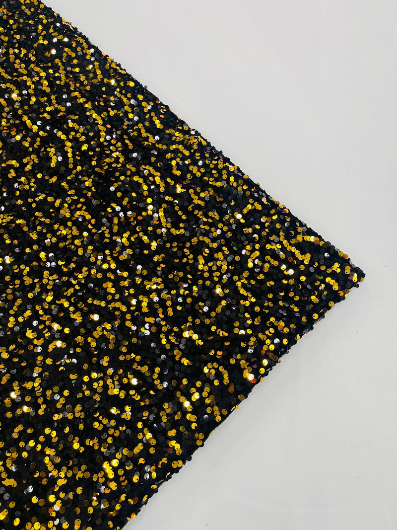 58/60" Velvet Sequins Stretch Fabric - Gold / Black - Velvet Sequins 2 Way Stretch Sold By Yard