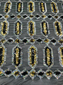 Geometric Stretch Sequin - Gold / Black Iridescent  - Fancy Gem Design on Mesh By Yard