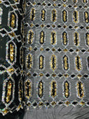 Geometric Stretch Sequin - Gold / Black Iridescent  - Fancy Gem Design on Mesh By Yard