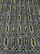 Geometric Stretch Sequin - Gold / Black Iridescent  - Fancy Gem Design on Mesh By Yard