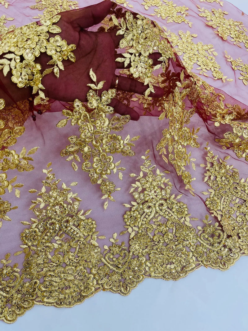 Metallic Floral Lace Fabric - Gold on Burgundy - Beautiful Floral Sequins on Lace Mesh Fabric By Yard