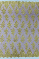 Metallic Floral Lace Fabric - Gold on Burgundy - Beautiful Floral Sequins on Lace Mesh Fabric By Yard