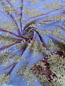 Metallic Floral Lace Fabric - Gold on Burgundy - Beautiful Floral Sequins on Lace Mesh Fabric By Yard