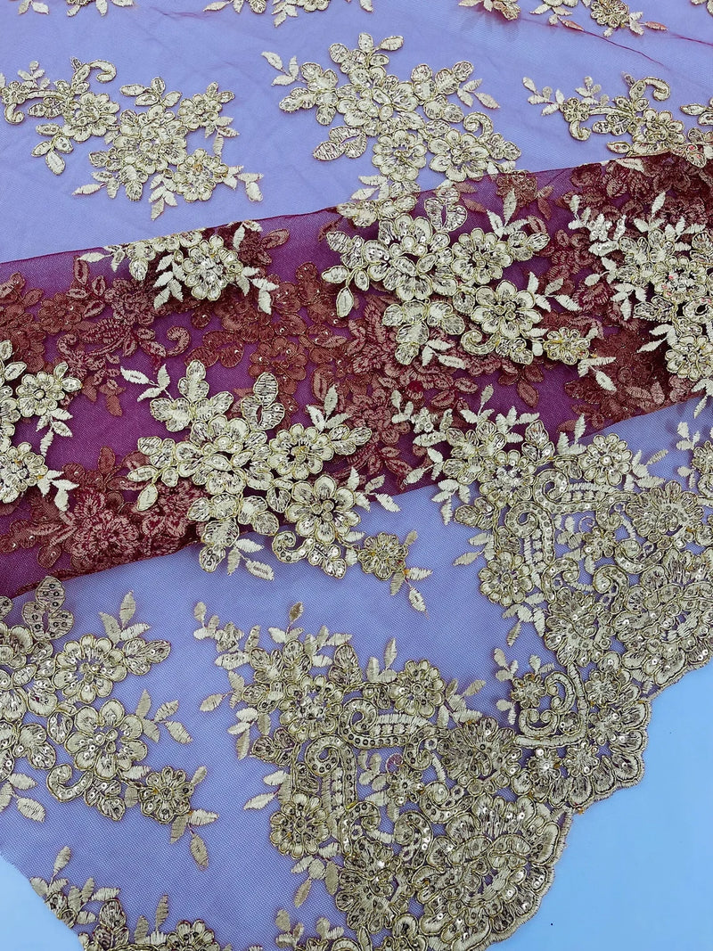 Metallic Floral Lace Fabric - Gold on Burgundy - Beautiful Floral Sequins on Lace Mesh Fabric By Yard