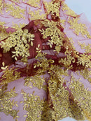 Metallic Floral Lace Fabric - Gold on Burgundy - Beautiful Floral Sequins on Lace Mesh Fabric By Yard