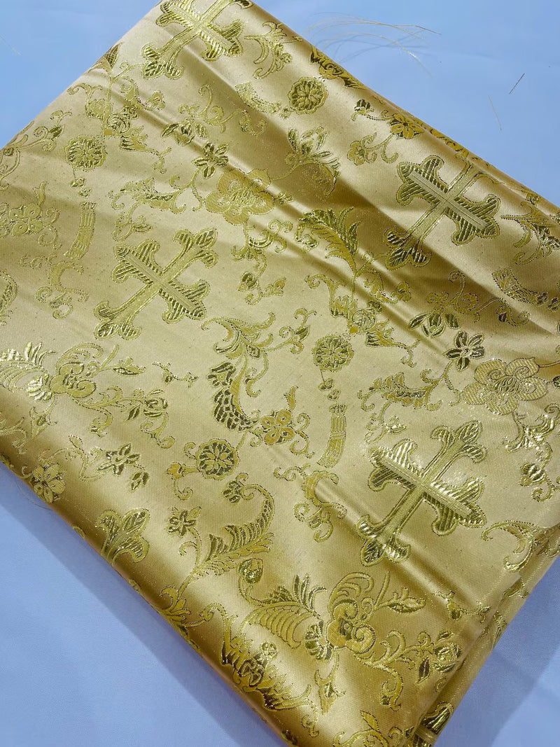 58/60" Cross Print Brocade Fabric - Jacquard Religious Print Church Vestment Fabric By Yard