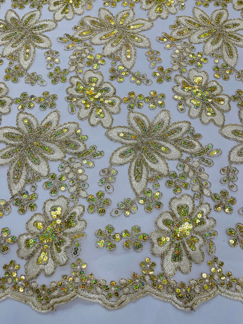 Metallic Floral Lace Fabric - Gold / Ivory - Hologram Sequins Floral Metallic Thread Fabric by Yard