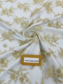 Floral Cluster Corded Fabric - Gold / Ivory - Fancy Flower Embroidery Lace Mesh Fabric By Yard
