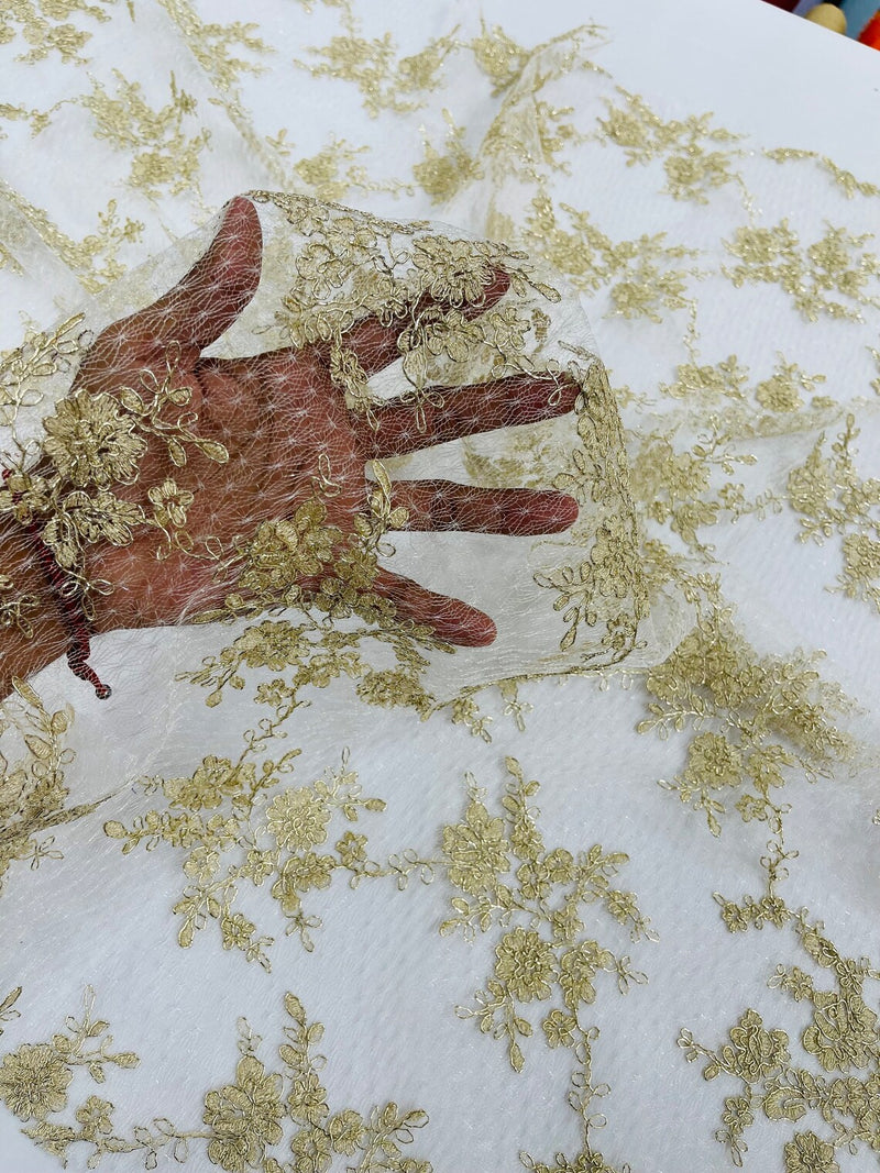 Floral Cluster Corded Fabric - Gold / Ivory - Fancy Flower Embroidery Lace Mesh Fabric By Yard