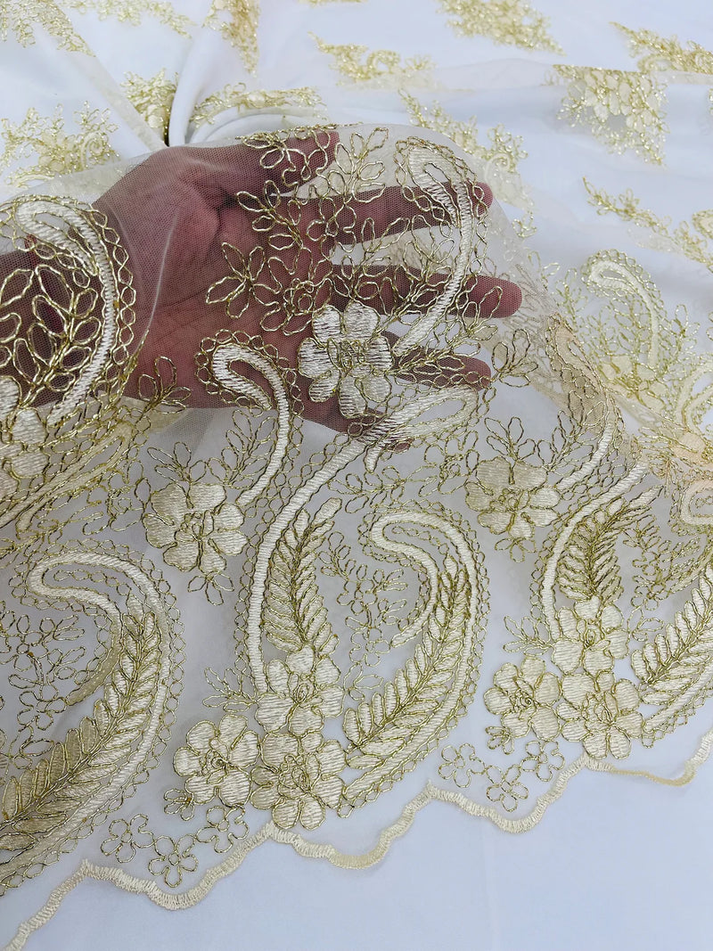 Metallic Paisley Floral Lace - Gold / Ivory - Corded Floral Lace with Metallic Thread on Mesh By Yard