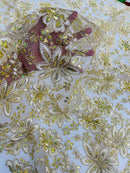 Metallic Floral Lace Fabric - Gold / Ivory - Hologram Sequins Floral Metallic Thread Fabric by Yard