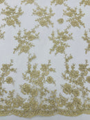 Floral Cluster Corded Fabric - Gold / Ivory - Fancy Flower Embroidery Lace Mesh Fabric By Yard