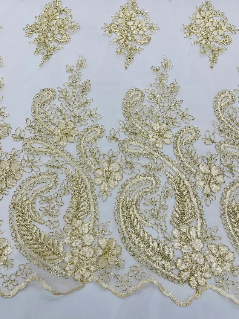 Metallic Paisley Floral Lace - Gold / Ivory - Corded Floral Lace with Metallic Thread on Mesh By Yard