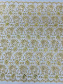 Metallic Floral Lace Fabric - Gold / Ivory - Hologram Sequins Floral Metallic Thread Fabric by Yard