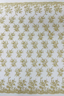 Floral Cluster Corded Fabric - Gold / Ivory - Fancy Flower Embroidery Lace Mesh Fabric By Yard