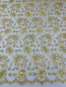 Metallic Floral Lace Fabric - Gold / Ivory - Hologram Sequins Floral Metallic Thread Fabric by Yard