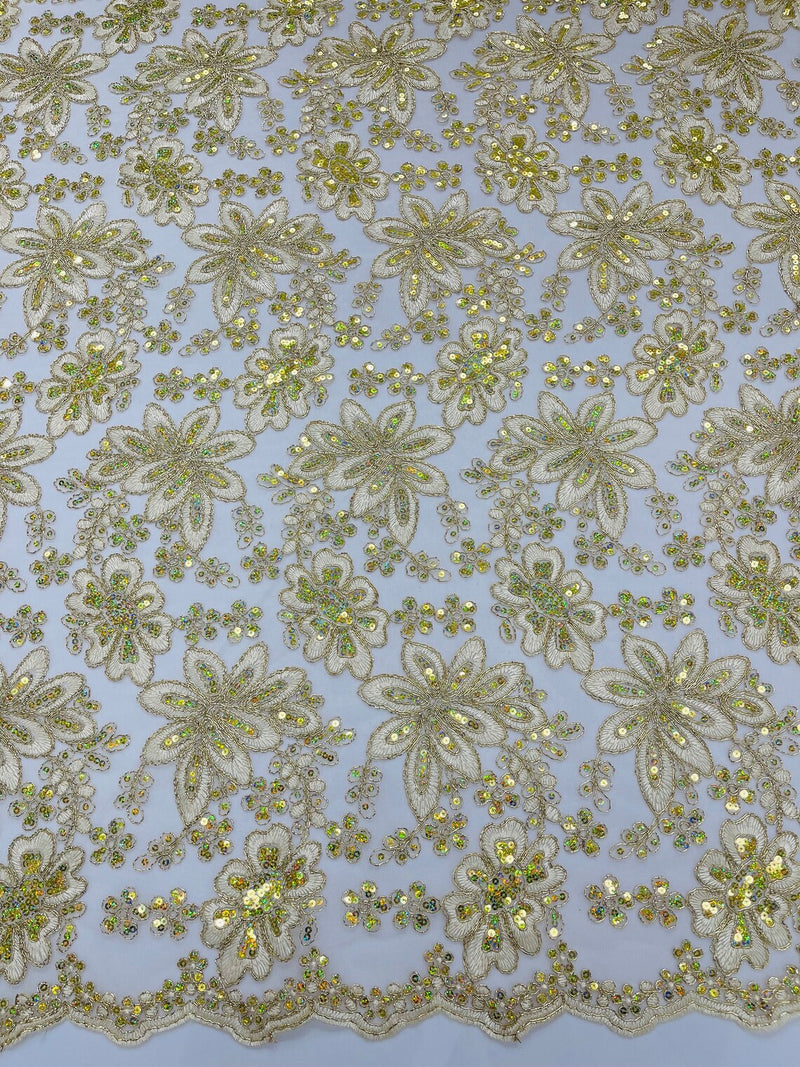 Metallic Floral Lace Fabric - Gold / Ivory - Hologram Sequins Floral Metallic Thread Fabric by Yard