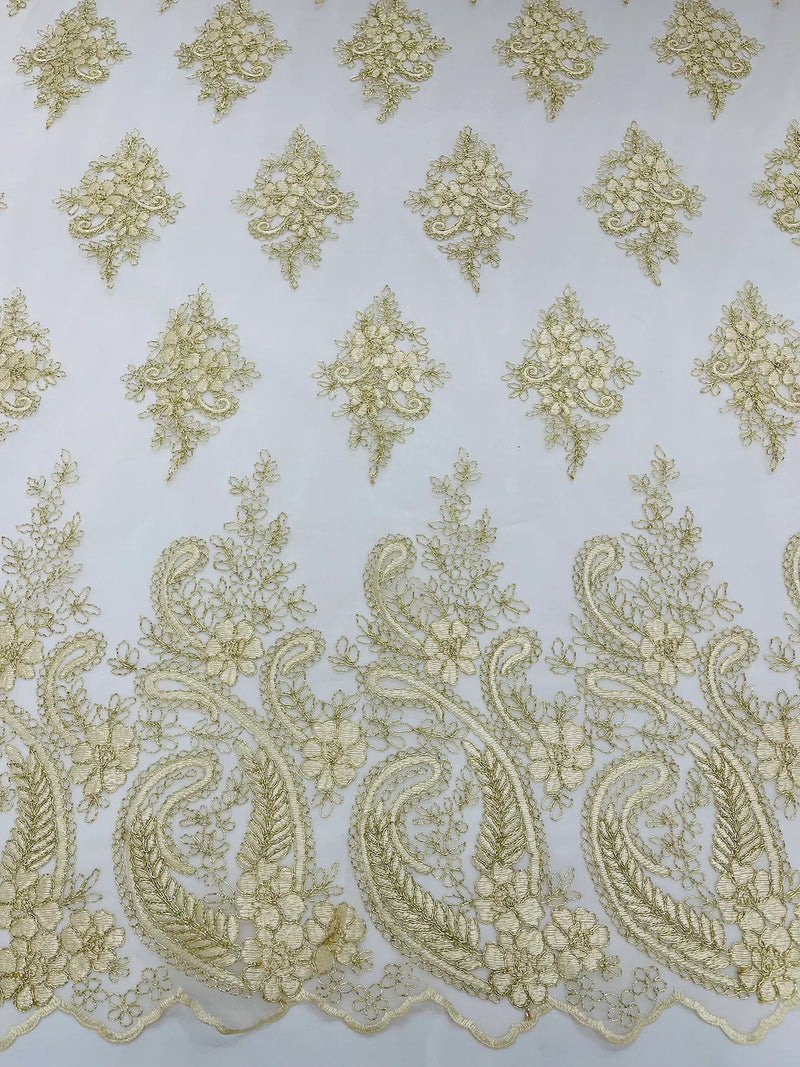 Metallic Paisley Floral Lace - Gold / Ivory - Corded Floral Lace with Metallic Thread on Mesh By Yard