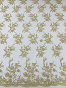 Floral Cluster Corded Fabric - Gold / Ivory - Fancy Flower Embroidery Lace Mesh Fabric By Yard