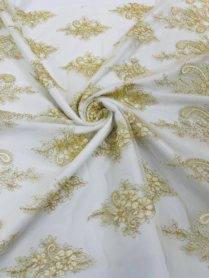 Metallic Paisley Floral Lace - Gold / Ivory - Corded Floral Lace with Metallic Thread on Mesh By Yard