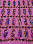 Geometric Stretch Sequin - Gold / Magenta - Fancy Gem Design on Mesh By Yard