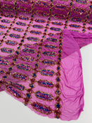 Geometric Stretch Sequin - Gold / Magenta - Fancy Gem Design on Mesh By Yard