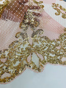 King Damask Lace Fabric - Gold / Pink - Corded Embroidery with Sequins on Mesh Lace Fabric By Yard