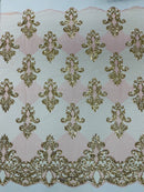 King Damask Lace Fabric - Gold / Pink - Corded Embroidery with Sequins on Mesh Lace Fabric By Yard