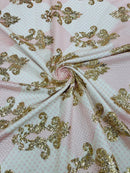 King Damask Lace Fabric - Gold / Pink - Corded Embroidery with Sequins on Mesh Lace Fabric By Yard