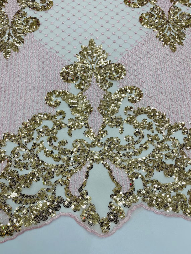 King Damask Lace Fabric - Gold / Pink - Corded Embroidery with Sequins on Mesh Lace Fabric By Yard